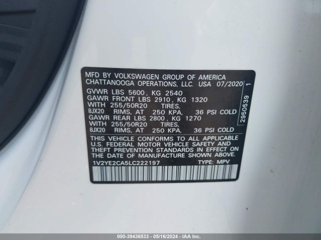 1V2YE2CA5LC222197 Volkswagen Atlas Cross Sport 3.6l V6 Se W/technology/3.6l V6 Se W/technology R-line