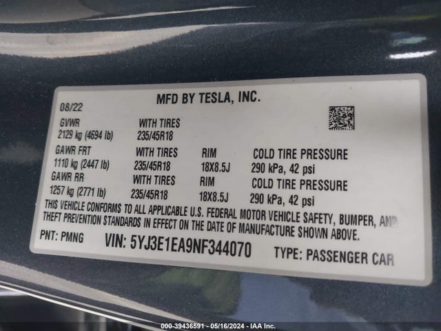Tesla Model 3 Rear-wheel Drive 2022 5YJ3E1EA9NF344070 Image 9