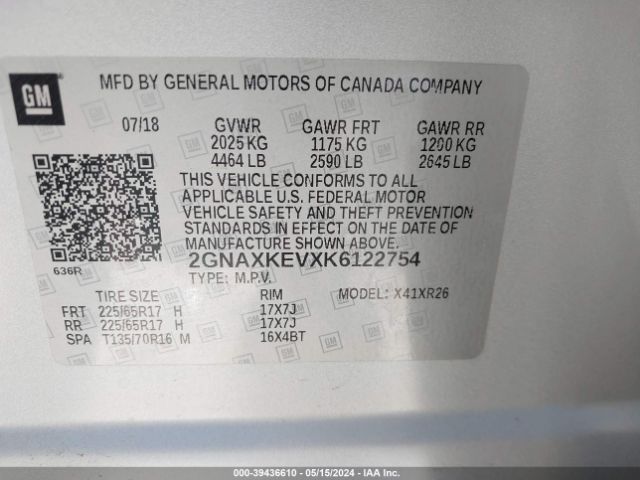 2GNAXKEVXK6122754 Chevrolet EQUINOX LT
