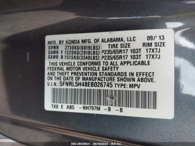 5FNRL5H48EB026745 Honda ODYSSEY EX