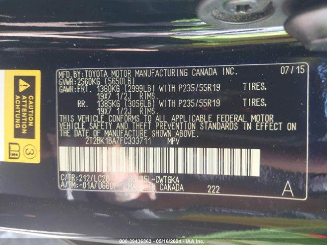 2T2BK1BA7FC333711 Lexus RX 350