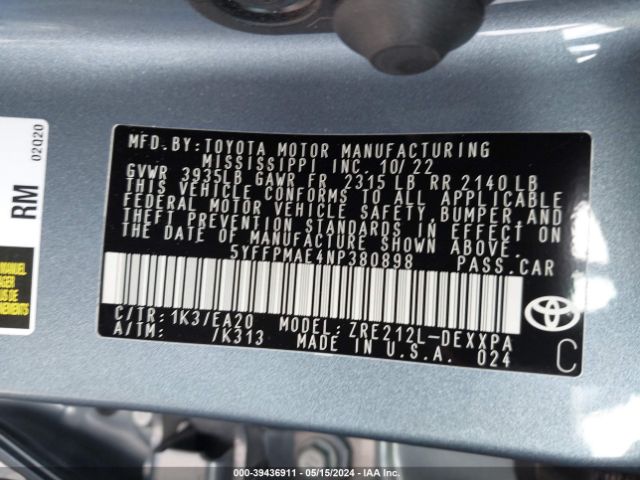 5YFFPMAE4NP380898 Toyota Corolla Xle