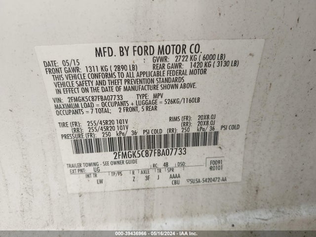 Ford FLEX SEL 2015 2FMGK5C87FBA07733 Image 9