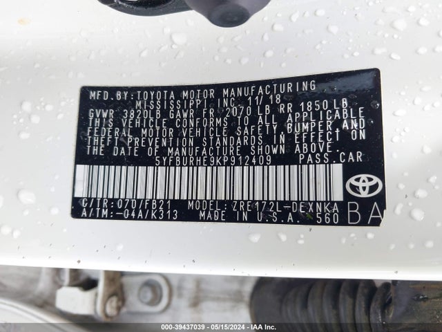 Toyota COROLLA LE 2019 5YFBURHE9KP912409 Image 9