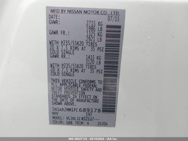 Nissan Pathfinder Platinum 2015 5N1AR2MM1FC689178 Image 9