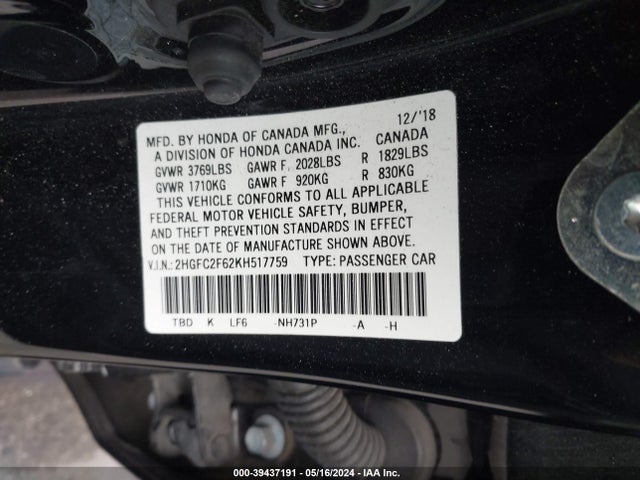Honda Civic Lx 2019 2HGFC2F62KH517759 Image 9