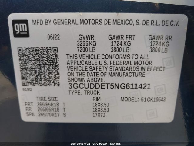 3GCUDDET5NG611421 Chevrolet Silverado 1500 4wd  Standard Bed Lt