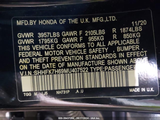 Honda CIVIC EX 2021 SHHFK7H69MU407522 Image 9