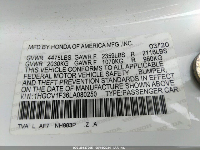 Honda Accord Sport 2020 1HGCV1F36LA080250 Image 9