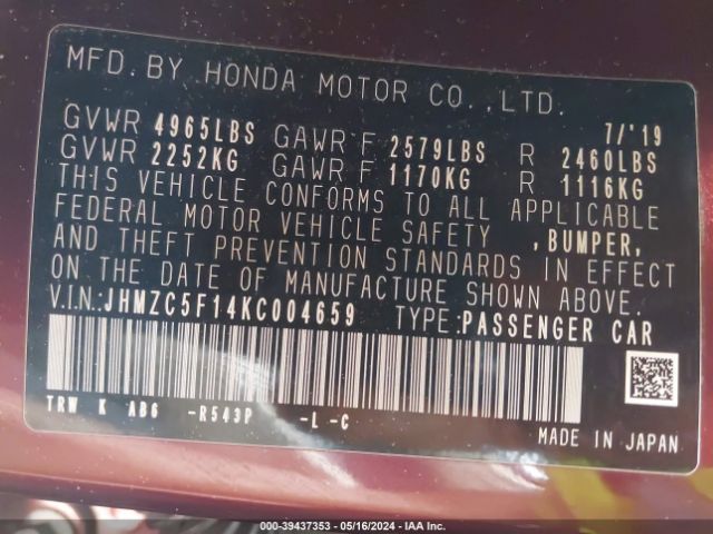 JHMZC5F14KC004659 Honda CLARITY PLUG-IN HYBRID