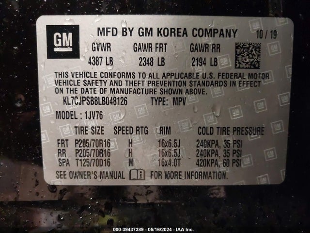 Chevrolet Trax Awd Lt 2020 KL7CJPSB8LB048126 Image 9