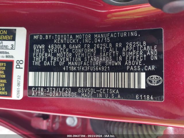 4T1BK1FK3FU564921 Toyota Camry Xse V6