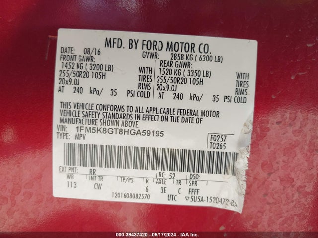 Ford EXPLORER SPORT 2017 1FM5K8GT8HGA59195 Image 9