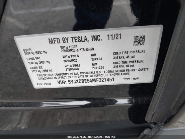 2021 TESLA MODEL X 5YJXCBE54MF327451 Photo 8