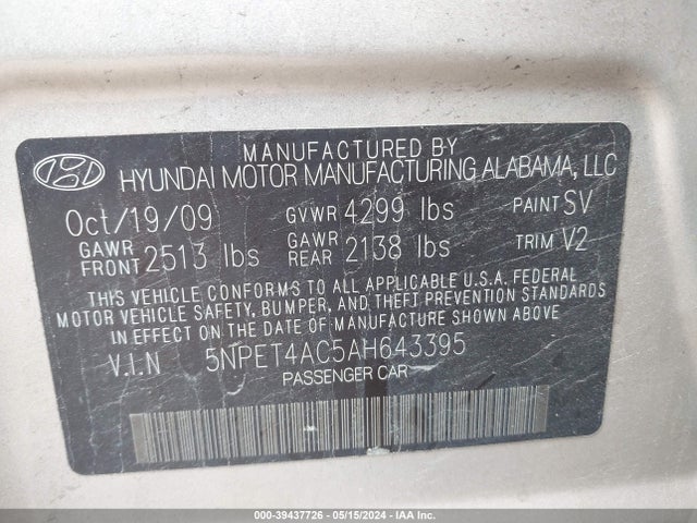 2010 Hyundai Sonata Gls მანქანა იყიდება აუქციონზე, vin: 5NPET4AC5AH643395, აუქციონის ნომერი: 39437726