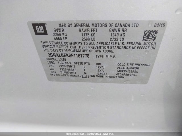 Chevrolet EQUINOX 1LT 2015 2GNALBEK6F1157778 Image 9