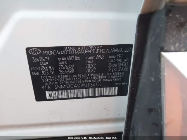 5NMS2CAD9KH134322 Hyundai Santa Fe Se
