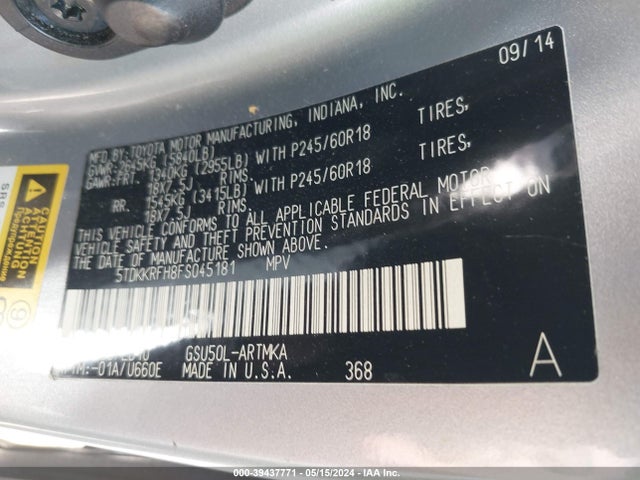 Toyota Highlander Xle V6 2015 5TDKKRFH8FS045181 Image 9