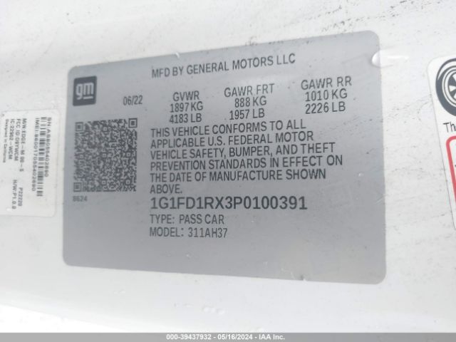1G1FD1RX3P0100391 Chevrolet Camaro Rwd  2lt