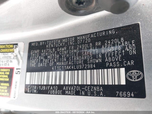 Toyota CAMRY LE 2020 4T1C11AK4LU972984 Image 9
