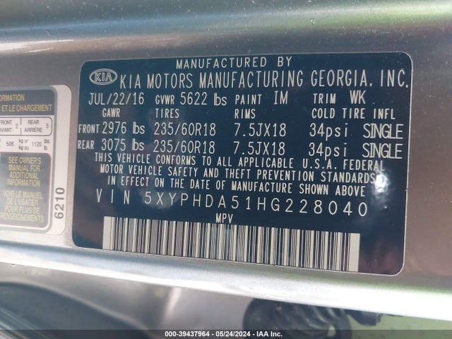 KIA Sorento 3.3l Ex 2017 5XYPHDA51HG228040 Image 9