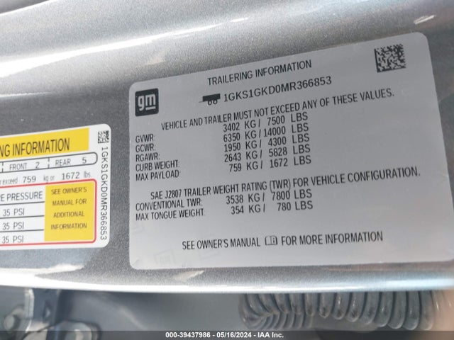 1GKS1GKD0MR366853 GMC Yukon Xl 2wd Slt