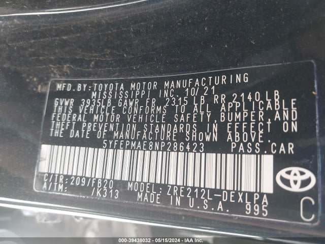 Toyota COROLLA LE 2022 5YFEPMAE8NP286423 Image 9