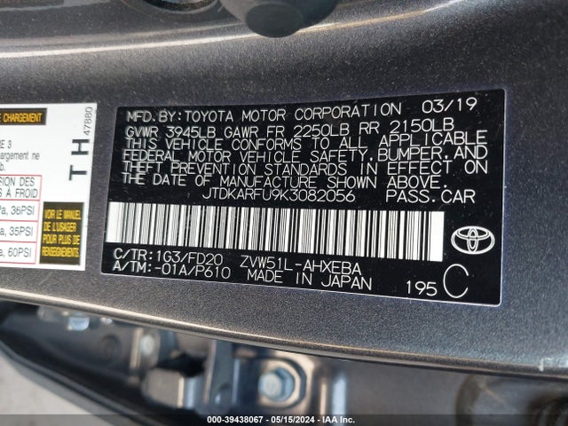 Toyota Prius Le 2019 JTDKARFU9K3082056 Image 9