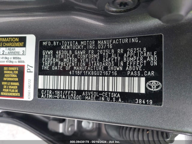 Toyota CAMRY SE 2016 4T1BF1FK8GU216716 Image 9