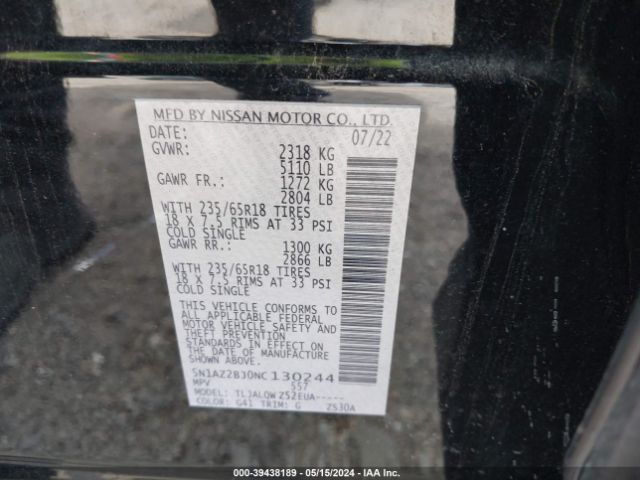 5N1AZ2BJ0NC130244 Nissan Murano Sv Fwd