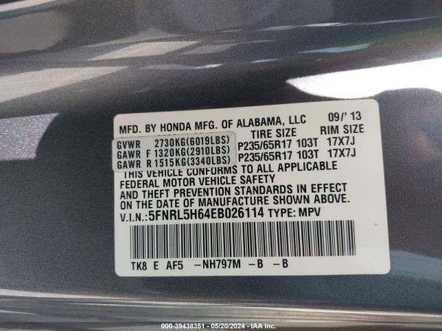 Honda Odyssey Ex-l 2014 5FNRL5H64EB026114 Image 9