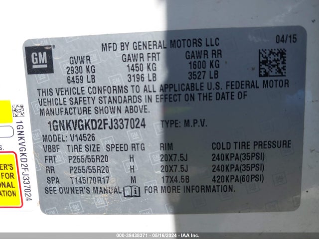 Chevrolet Traverse 1lt 2015 1GNKVGKD2FJ337024 Image 9