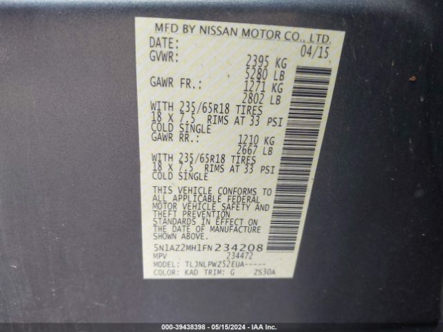 5N1AZ2MH1FN234208 Nissan MURANO S