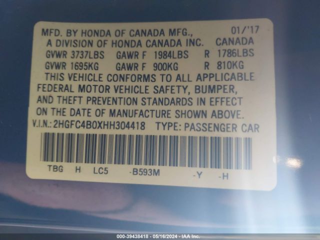2HGFC4B0XHH304418 Honda Civic Lx-p