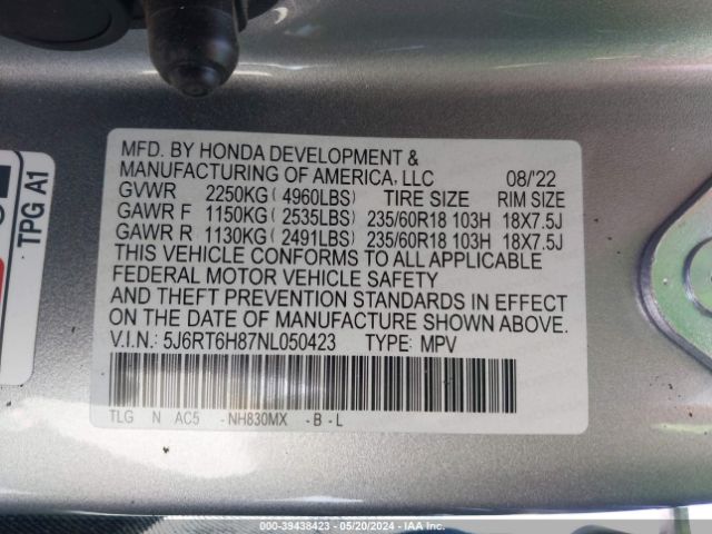 5J6RT6H87NL050423 Honda Cr-v Hybrid Ex-l