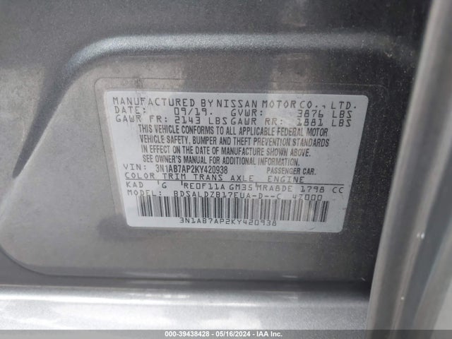 Nissan SENTRA SV 2019 3N1AB7AP2KY420938 Image 9