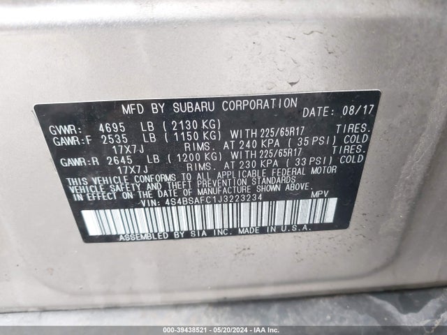 Subaru Outback 2.5i Premium 2018 4S4BSAFC1J3223234 Image 9