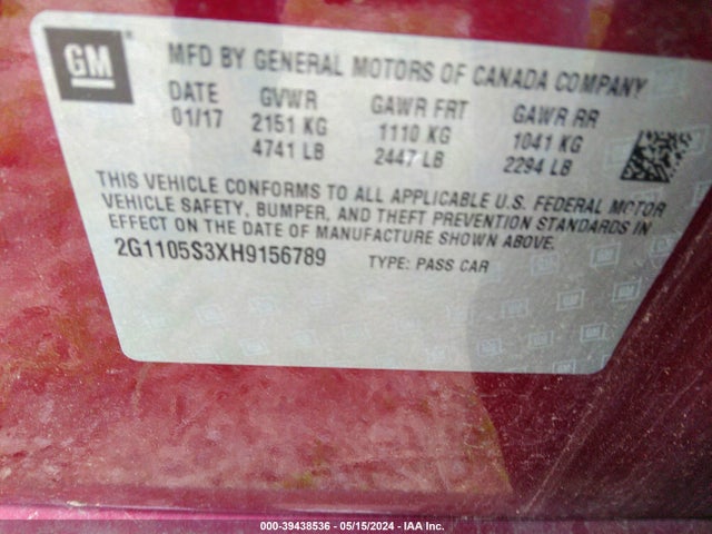 Chevrolet IMPALA 1LT 2017 2G1105S3XH9156789 Image 9