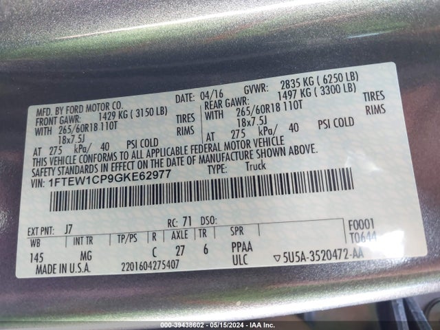 1FTEW1CP9GKE62977 Ford F-150 Xlt