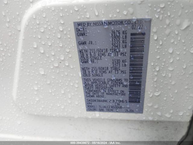 5N1DR3BA8NC237965 Nissan Pathfinder Sv 2wd