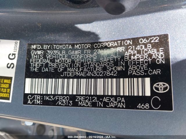 JTDEPMAE4N3027842 Toyota COROLLA LE