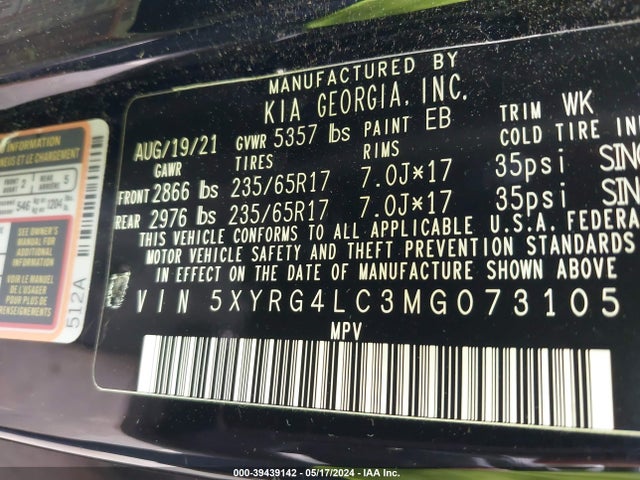 KIA SORENTO LX 2021 5XYRG4LC3MG073105 Image 9