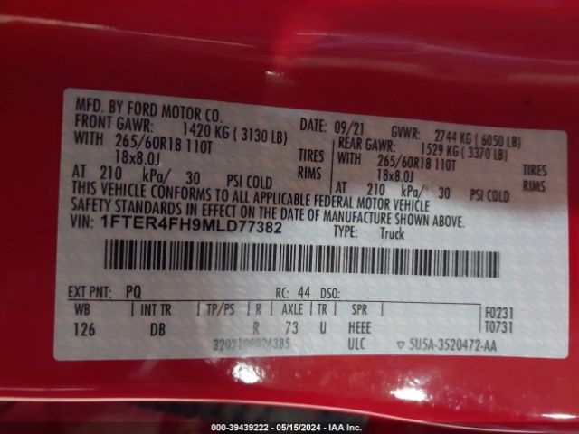 1FTER4FH9MLD77382 Ford Ranger Lariat