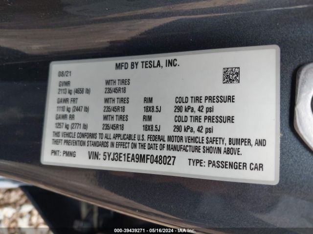 5YJ3E1EA9MF048027 Tesla Model 3 Standard Range Plus Rear-wheel Drive