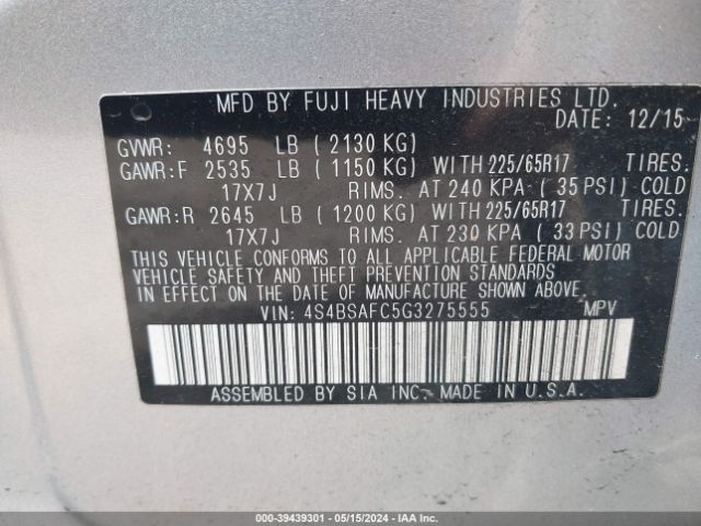 4S4BSAFC5G3275555 Subaru Outback 2.5i Premium