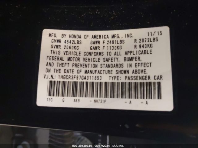 1HGCR3F97GA011853 Honda Accord Touring