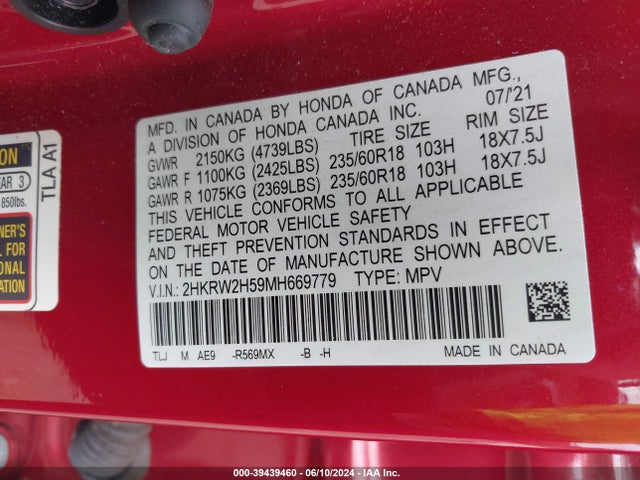Honda Cr-v Awd Ex 2021 2HKRW2H59MH669779 Image 9