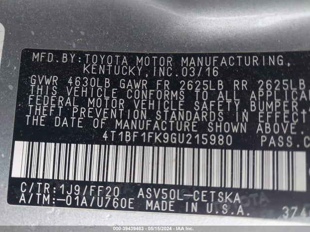 Toyota CAMRY SE 2016 4T1BF1FK9GU215980 Image 9