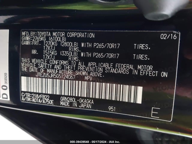 Toyota 4RUNNER SR5 2016 JTEZU5JR5G5124067 Image 9