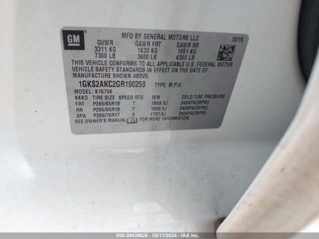 1GKS2AKC2GR190250 GMC YUKON SLE